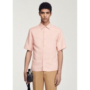 Sandro Short Sleeve Men's Pink Shirt Size Large Button Down New $280 Viscose Lin